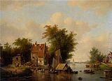 Figures Canvas Paintings - A river landscape with many figures by a village